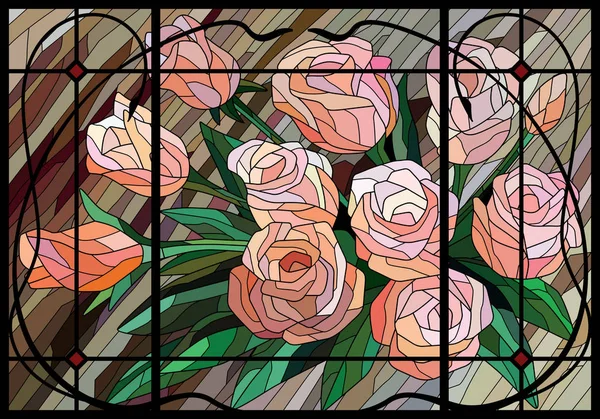 Rosas Vidrieras Sobre Fondo Beige Marco Decorativo Líneas Negras Vector — Archivo Imágenes Vectoriales