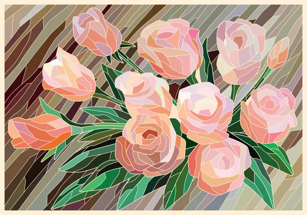 Kahverengi arka planda vitray güller. Işık hatları. Vektör tam renkli grafik