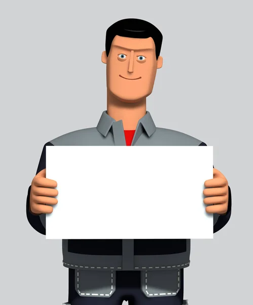 Illustration Young Man Working Uniform Shows Sign Template Designer Character — Stock Photo, Image