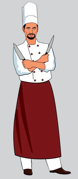 Chef Cuisinier Homme Avec Une Casquette Blanche Tablier Rouge Figure — Image vectorielle