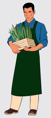 Elinde bir kutu bitkiyle önlükte erkek bahçıvan. Tam büyüme rakam. Vektör tam renkli grafikler