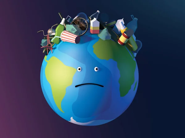 3d illustration. On a sad planet Earth, a hairstyle from a pile of garbage. Ecological catastrophy