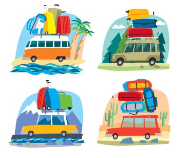 Bir dizi resim. Sevimli küçük arabalar sırt çantaları ve seyahat çantaları sahilde bir demet taşımak, ormanda, dağlarda, çölde. Vektör tam renkli grafikler