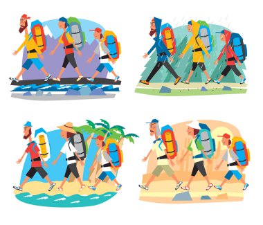 Set Yürüyüş turistler aile dağlarda farklı koşullarda sırt çantaları ile gitmek, taiga, sahilde, çölde. Vektör tam renkli grafikler