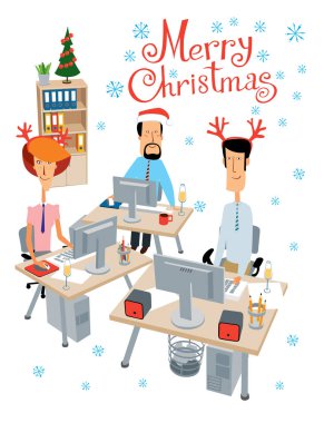 Mutlu Noeller. Ofiste parti. Neşeli iş arkadaşları kutlamak ve çalışmak. Sevimli karakterler ile Vektör tam renkli grafikler