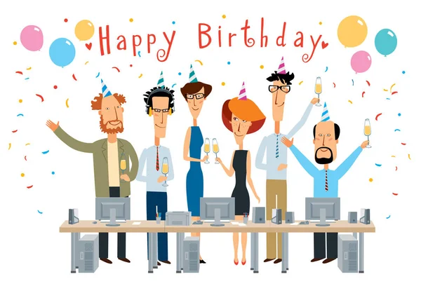 Boldog Születésnapot Vidám Kollégák Irodában Gratulálni Vektor Színes Grafika Aranyos — Stock Vector