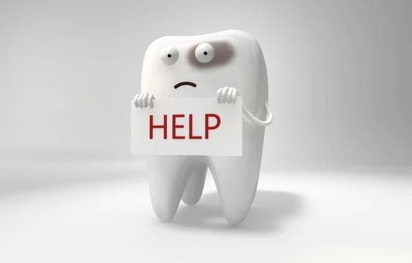 Illustration Sick Tooth Feels Unwell Holds Help Sign Funny Characters — Stock Photo, Image