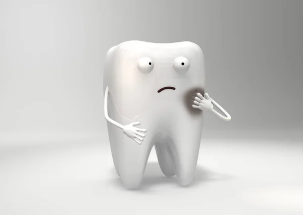 3Dイラスト 病気の歯は気分が悪く 心配して手を感じる 面白い3D文字 — ストック写真