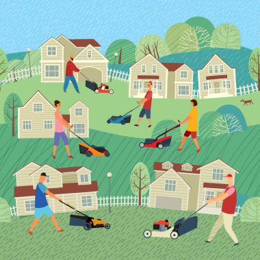 Kusursuz desen. İnsanlar evlerin yakınındaki çim biçme makineleriyle ot biçiyor. Vektör tam renkli grafikler