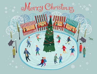 Tebrik kartı Mutlu Noeller. İnsanlar Noel pazarında Noel ağacının etrafında kayıyor. Vektör tam renkli grafikler