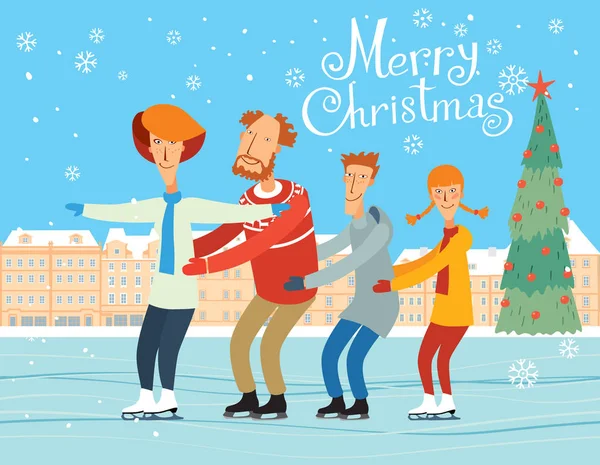 贺卡圣诞快乐 儿子和女儿在溜冰场上骑车 矢量全彩色图形 — 图库矢量图片