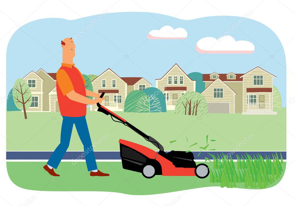 Smiling man mows grass with a lawn mower on the background of houses. Vector full color graphics