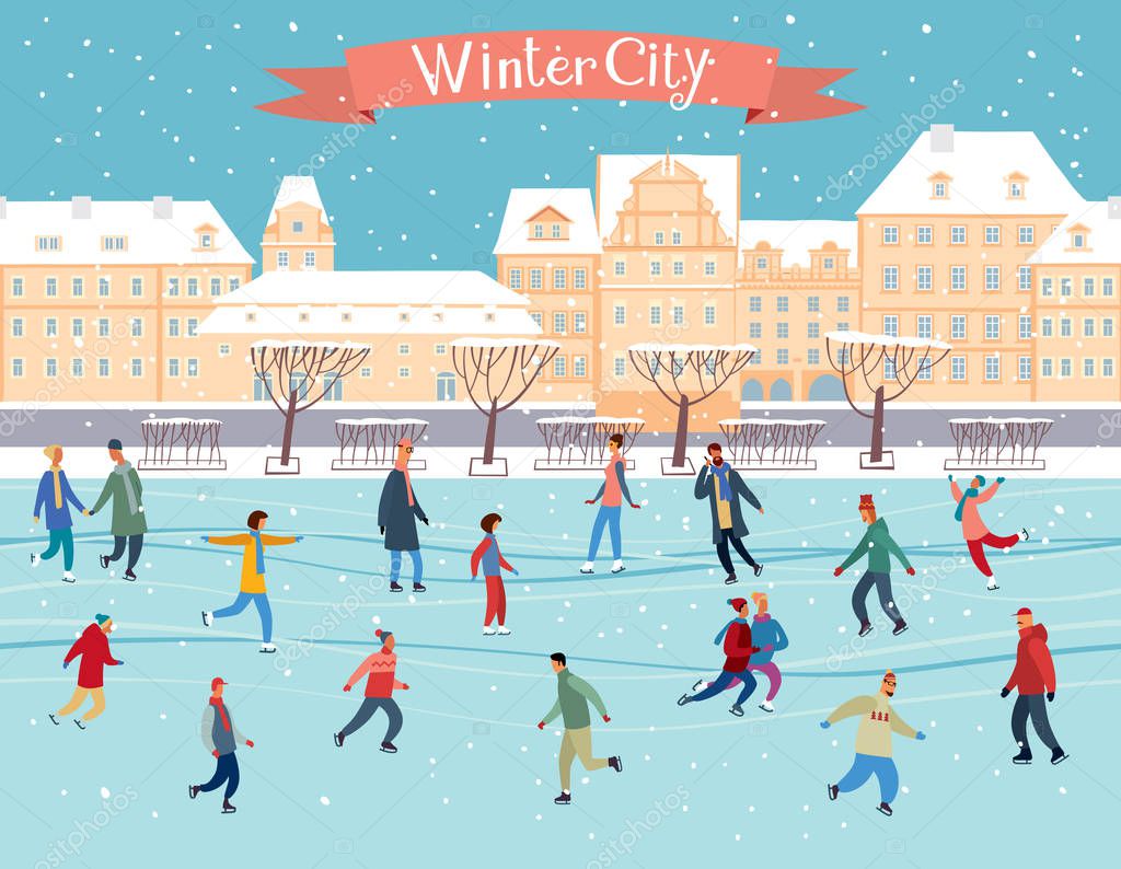 Seamless horizontal pattern. Winter city, people on the ice rink. Vector full color graphics