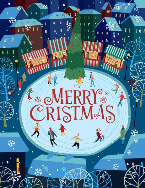 Tebrik kartı Mutlu Noeller. Noel pazarındakedi ve yazı. Vektör tam renkli grafikler