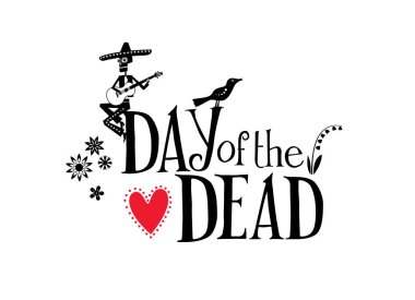 Ölülerin Günü. İskeletler dekoratif harflerle enstrüman çalarlar. Vektör tam renkli grafikler