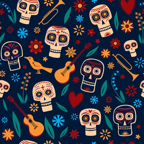 Kusursuz desen Ölüler Günü. Dekoratif Kafatasları ve Çiçekler. Vektör tam renkli grafikler