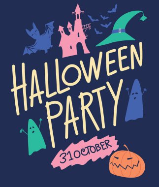 Cadılar Bayramı partisi. Boyama yazı ve öznitelikleri poster. Vektör grafikleri