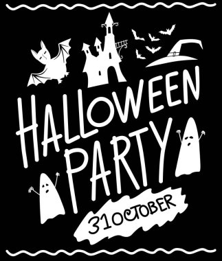 Cadılar Bayramı partisi. Siyah ve beyaz yazı afişi ve özellikleri. Vektör grafikleri