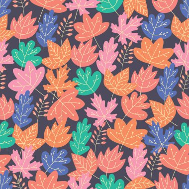 Kusursuz desen. Gri bir arka plan üzerinde Sonbahar parlak renkli yaprakları. Vektör tam renkli grafikler