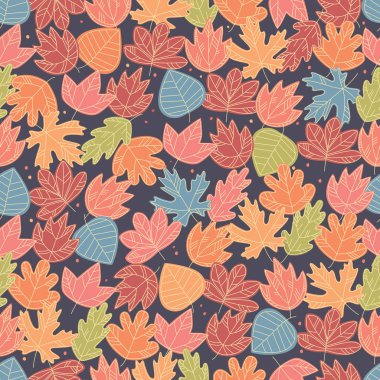 Kusursuz desen. Gri bir arka plan üzerinde boyalı sonbahar renkli yaprakları. Vektör tam renkli grafikler