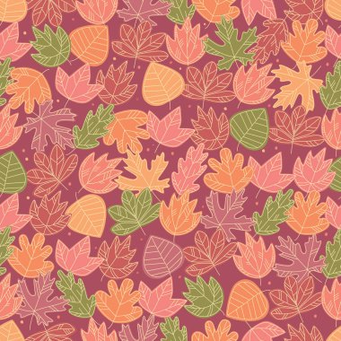 Kusursuz desen. Bordo bir arka plan üzerinde boyalı sonbahar renkli yaprakları. Vektör tam renkli grafikler