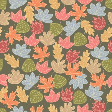 Sıcak renklerde sonbahar yaprakları sorunsuz bir desen oluşturur. Vektör tam renkli grafikler