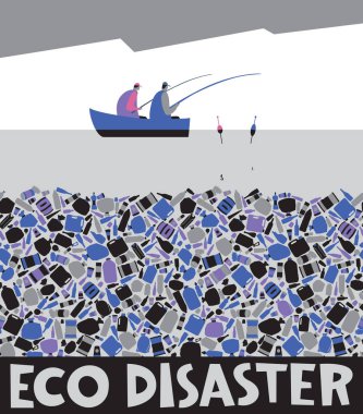 Fishermen are fishing on a boat. The bottom consists of garbage. Lettering eco disaster. Stock Illustration Ecological problems clipart