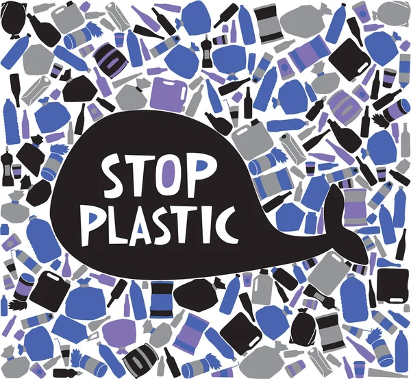 Sylwetka Wieloryba Jest Otoczony Plastikowym Kosza Napis Stop Plastik Koncepcja — Wektor stockowy