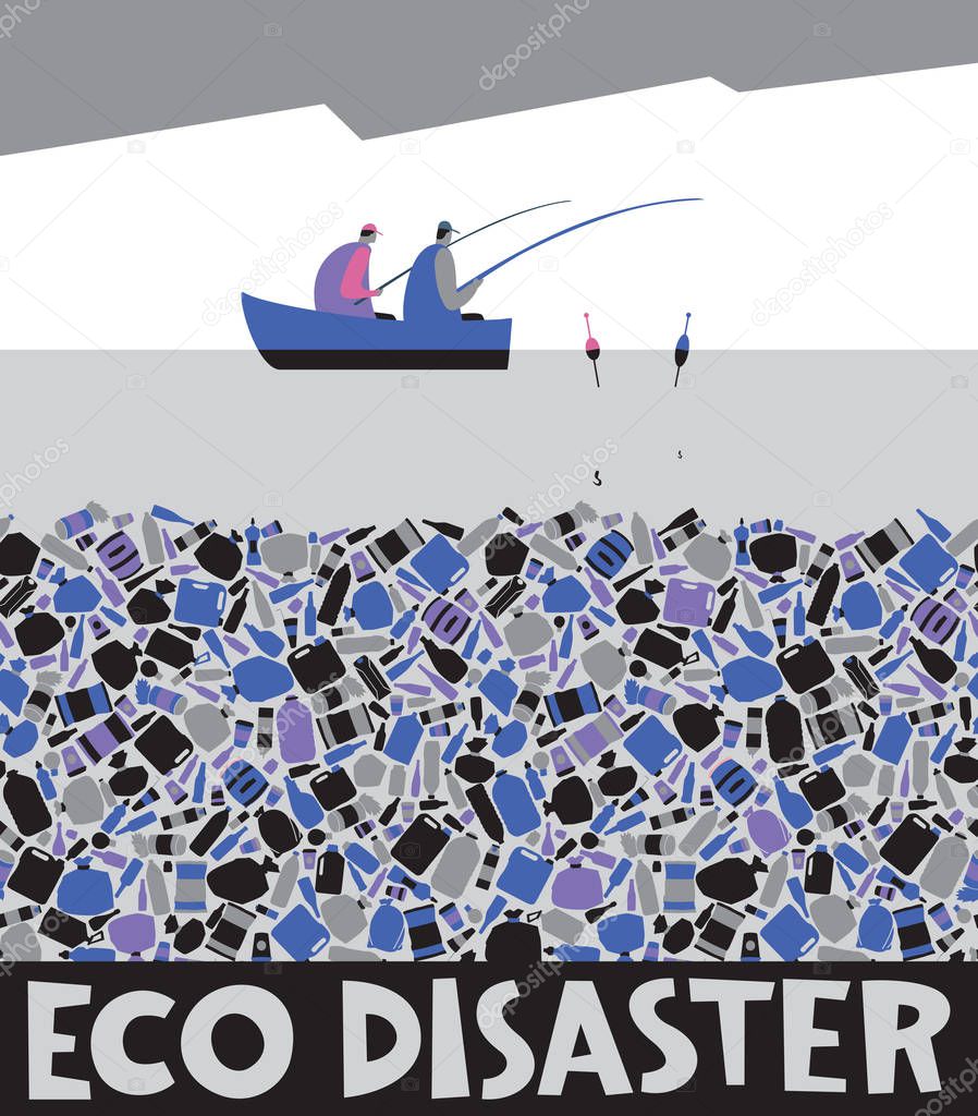 Fishermen are fishing on a boat. The bottom consists of garbage. Lettering eco disaster. Stock Illustration Ecological problems