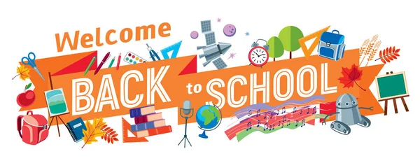 Welcome Back School Inscription Blackboard Tape Surrounded School Subjects Vector — Stock Vector