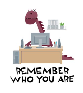 Sevimli dinozor bilgisayar ofiste çalışır. İronik vektör grafikleri