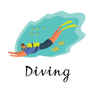 Scuba guy swimming underwater. Lettering Diving. Vector full color graphics. Hand drawing clipart