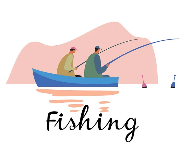 Two People Fishing Boat Lettering Fishing Vector Full Color Graphics — Stock Vector