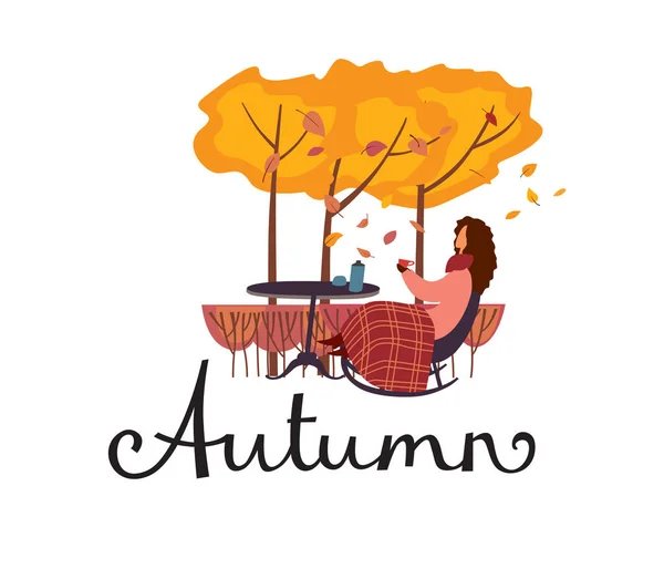 Lettering Autumn Uma Mulher Senta Sob Uma Xadrez Uma Cadeira — Vetor de Stock