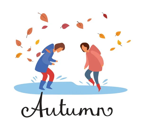 Lettering Autumn Niños Saltando Botas Goma Charco Dibujo Manual Vectorial — Vector de stock