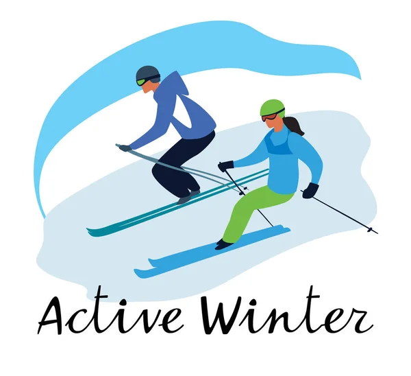 Guy Girl Skiing Mountain Lettering Active Winter Vector Hand Drawing — Stock Vector