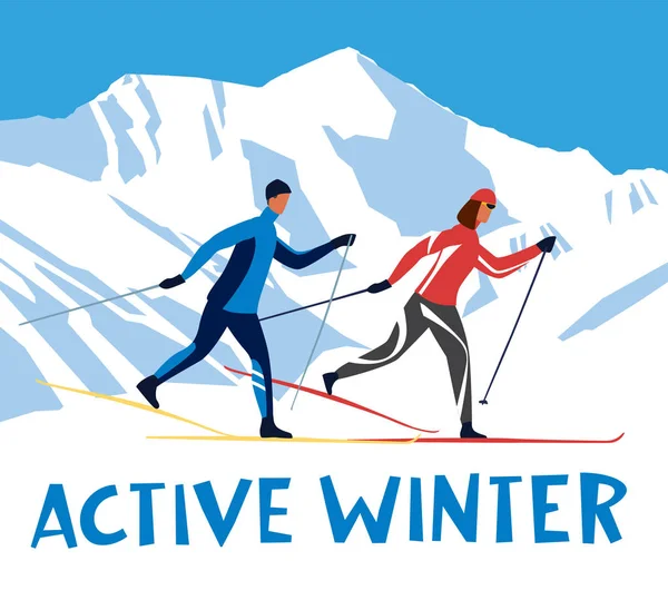 Iscrizione Active Winter Ragazzo Ragazza Vanno Sciare Uno Sfondo Montagne — Vettoriale Stock