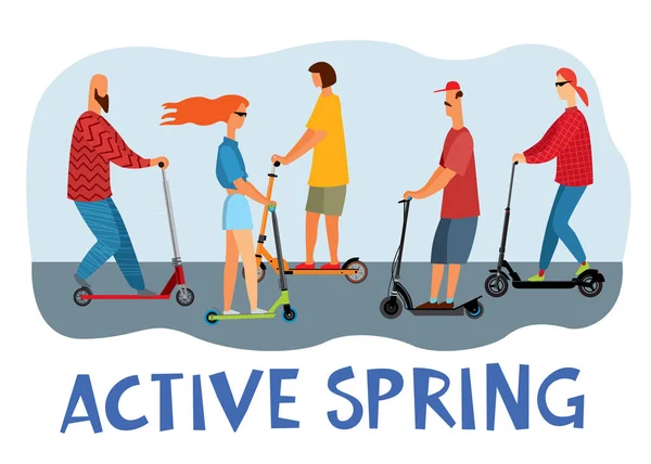 Inscriptie Active Spring Veel Mensen Rijden Scooters Vector Full Color — Stockvector