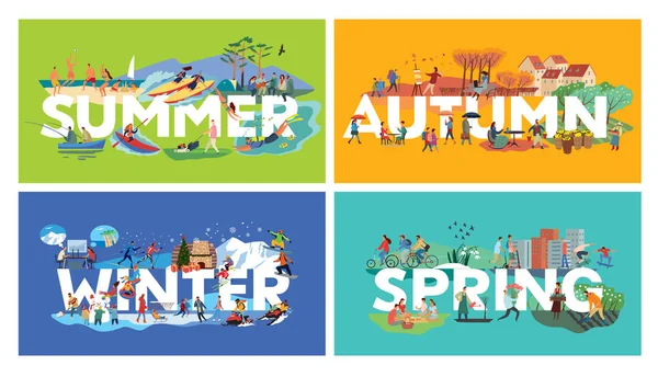 Lettering Summer Autumn Winter Spring Themed Plots Dalam Bahasa Inggris - Stok Vektor