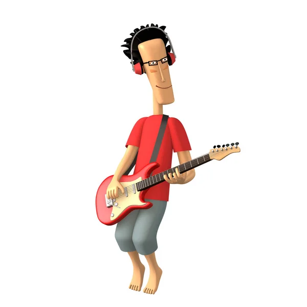 3d illustration of a guy playing an electric guitar. Cartoon cute character doing physical education