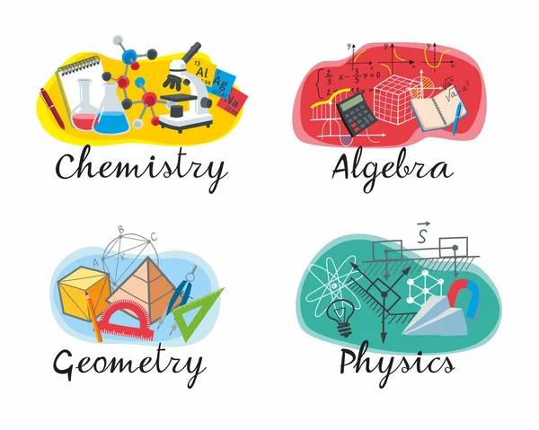 Iconos Conjunto Disciplinas Educativas Química Álgebra Geometría Física Vector Color — Vector de stock