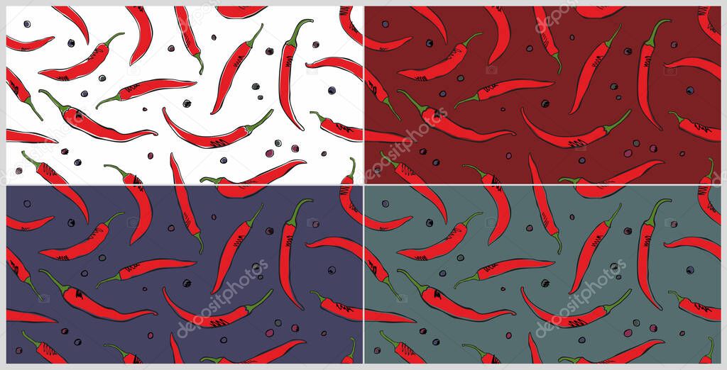 Chili peppers seamless pattern. Different color options. Vector hand drawing