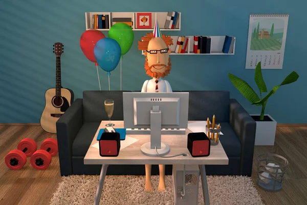 3Dイラスト その男は家でリモートで働いている コンピュータを通して同僚と彼の誕生日を祝う 3Dモデリング — ストック写真