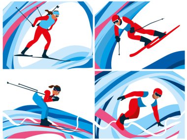 Kış sporları. Biatlon, slalom, kayak ve snowboard. Vektör grafikleri
