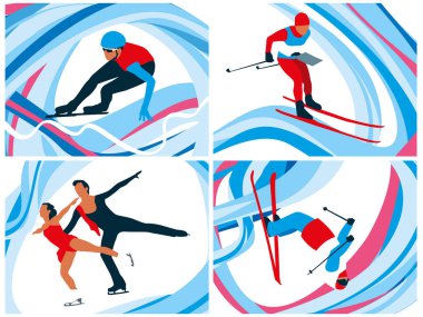 Kış sporları. Hız pateni, oryantasyon, artistik patinaj ve serbest stil. Vektör grafikleri