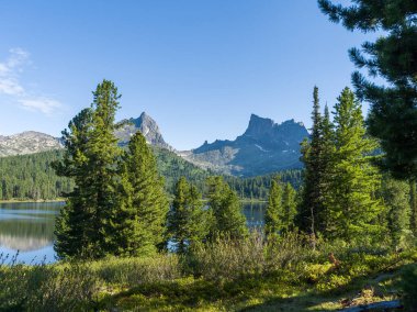 Vahşi göl. Sibirya 'nın kozalaklı ormanları. Ergaki Doğa Parkı