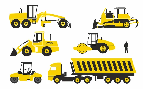 Verschiedene Spezialfahrzeuge Für Den Straßenbau Stilvoll Vereinfachte Symbole Vektorgrafik — Stockvektor