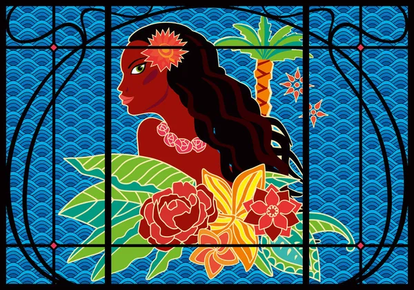 タイとオセアニアをテーマにしたステンドグラスの窓 装飾的な海の背景に美しい女の子と花 ガラスに印刷するための画像 — ストックベクタ