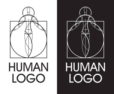 İnsan logosu. Geometrik çizgilerden yapılmış stil işareti. İnsan Davinci 'nin çemberinin ötesine geçer.