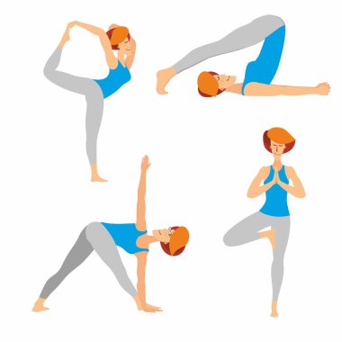 Yoga pozları ayarlandı. Egzersiz yapan neşeli bir kadın. Vektör illüstrasyonu